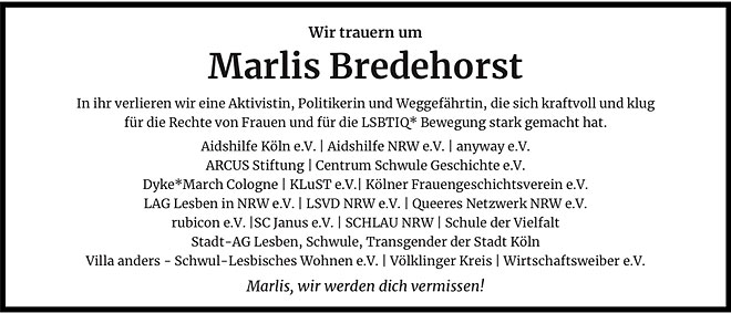 Traueranzeige für Marlis Bredehorst
